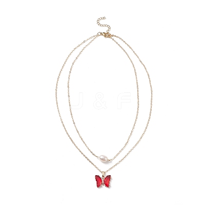 4Pcs 4 Color Glass Butterfly & Natural Pearl Pendants Double Layer Necklaces Set with Clear Cubic Zirconia NJEW-TA00043-1