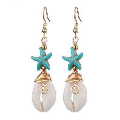 Starfish Brass with Synthetic Turquoise & Cowrie Shell Dangle Earrings EJEW-JE06141-01-1
