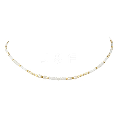 Boho Natural Cultured Freshwater Pearl & Round Seed Beaded Braided Necklaces for Women NJEW-JN06187-01-1