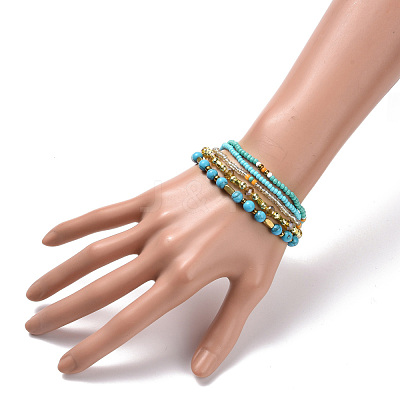 5Pcs 5 Style Synthetic Turquoise(Dyed) & Hematite & Glass Sead Beads Stretch Bracelets Set BJEW-JB07670-03-1