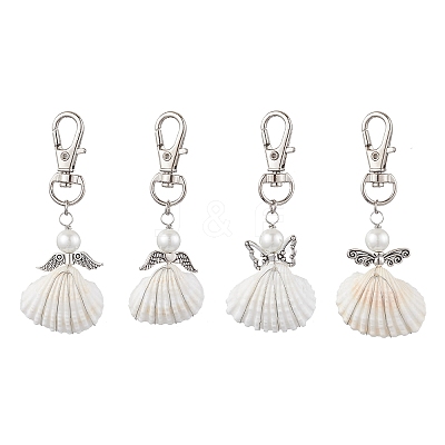 4Pcs 4 Styles Angel Alloy & Wire Wrapped Natural Shell Pendant Decorations HJEW-JM02017-1