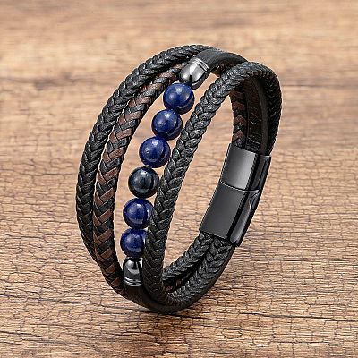 Natural Sodalite Round Beads & Braided Imitation Leather Cord Bracelets for Men FS-WGCE7B3-12-1