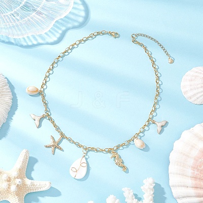 Alloy Enamel Whale Tail Starfish & Natural Shell Teardrop Pendant 304 Stainless Steel Cable Chain Necklaces for Women NJEW-JN05407-01-1