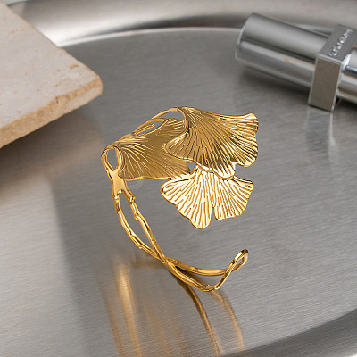 304 Stainless Steel Vintage Leaf Open Cuff Bangles for Women EU1082-1