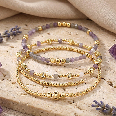 4Pcs 4 Styles Natural Amethyst & Brass Round Beads Stretch Bracelets for Women NA2188-1-1