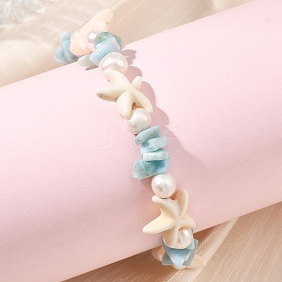 Synthetic Turquoise & Natural Larimar & Cultured Freshwater Pearl Beaded Bracelets for Women BJEW-JB13951-1