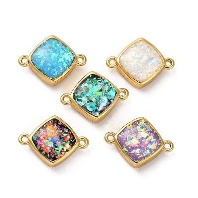 Brass Pave Synthetic Opal Rhombus Connector Charms KK-A239-07G-1