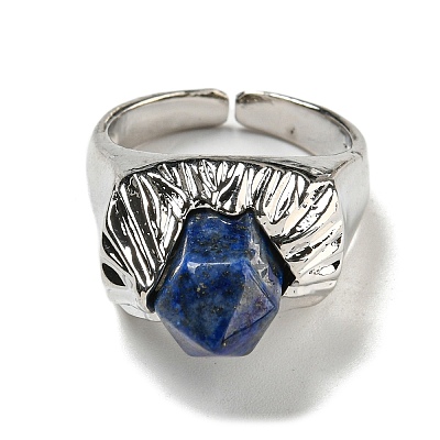 Hexagonal Prism Natural Lapis Lazuli Open Cuff Rings RJEW-B106-01P-03-1