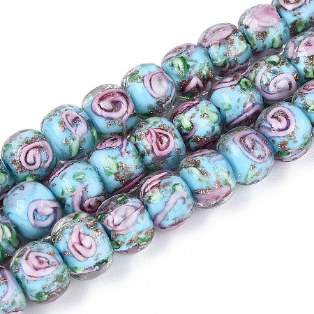 Handmade Lampwork Inner Flower Rondelle Beads Strands LAMP-T022-24E-1