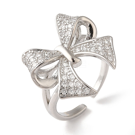 Bowknot Brass Micro Pave Clear Cubic Zirconia Open Cuff Rings for Women LS-RJEW-C098-11P-1