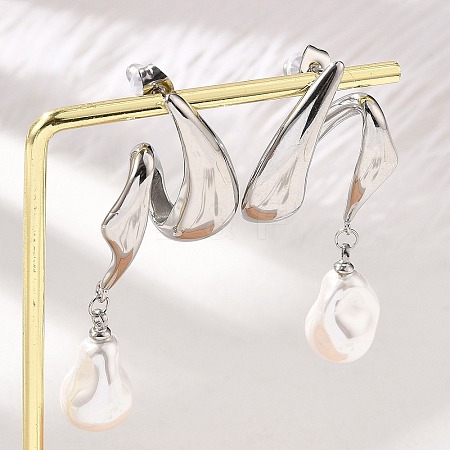 304 Stainless Steel Shell Pearl Stud Earrings for Women EJEW-U051-07P-1