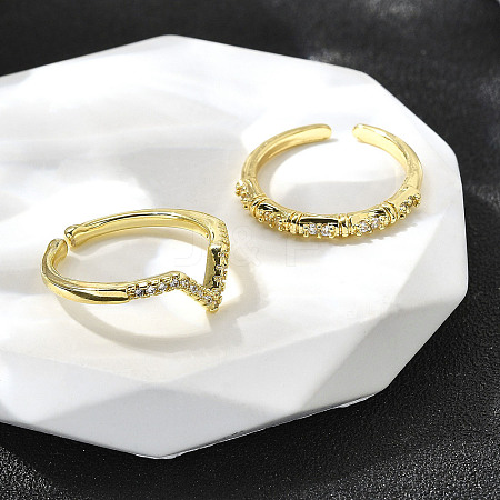 2Pcs 2 Styles Brass Micro Pave Clear Cubic Zirconia Cuff Rings for Women RJEW-S399-05G-1