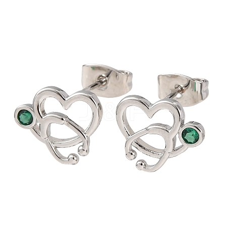 Brass Micro Pave Green Cubic Zirconia Stud Earrings for Women EJEW-K271-05P-1