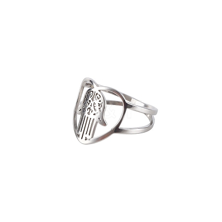 Stainless Steel Heart with Hamsa Hand Finger Ring CHAK-PW0001-001D-02-1