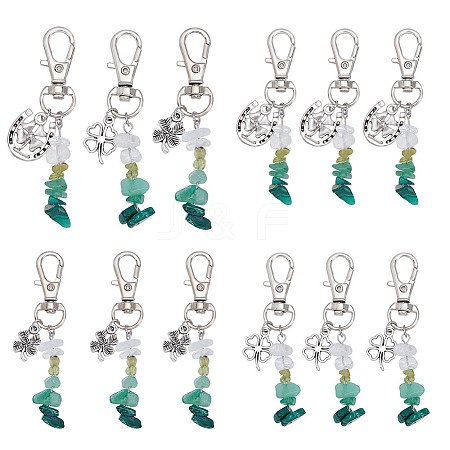 12Pcs 3 Styles Natural Peridot & Quartz Crystal & Green Aventurine & Malachite Chips Pendant Decorations HJEW-GO00101-1
