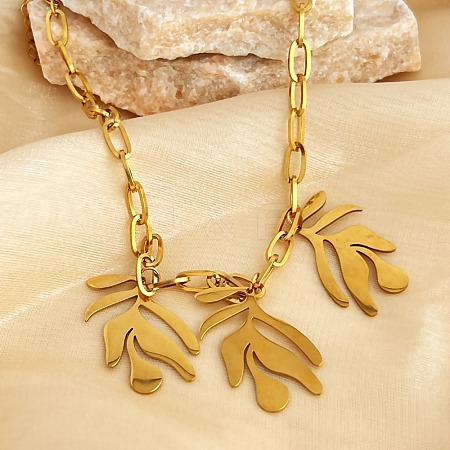 304 Stainless Steel Triple Leaves Pendant Paperclip Chain Necklaces NJEW-K389-02G-1