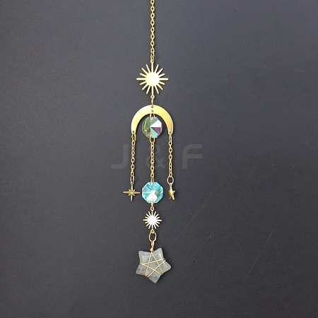 Natural Labradorite Star Sun Catcher Hanging Ornaments with Brass Sun HJEW-PW0002-13I-1