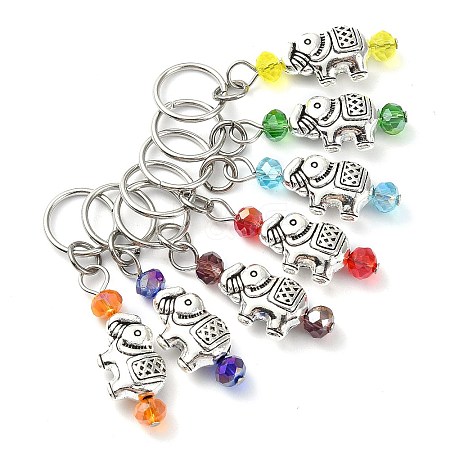 7Pcs 7 Colors Glass & Tibetan Style Alloy Elephant Pendant Decorations HJEW-JM02198-1