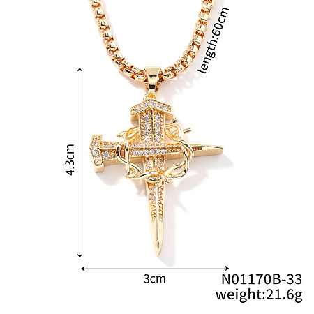 Brass Clear Cubic Zirconia Shiny Dagger Cross Pendant Box Chain Necklaces QG8782-2-1