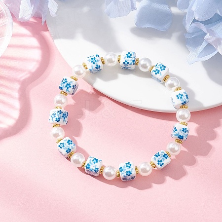 Printed Handmade Porcelain & ABS Plastic Imitation Pearl Beads Stretch Bracelets BJEW-JB12698-1
