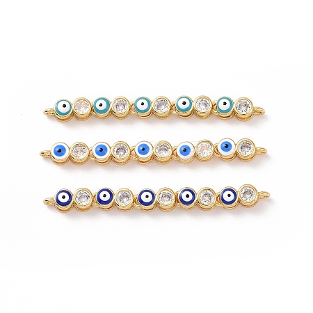 Flat Round with Evil Eye Pattern Brass Micro Pave Clear Cubic Zirconia Enamel Connector Charms KK-G435-44G-1