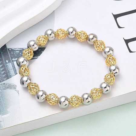 Brass Round Beaded Stretch Bracelets for Women BJEW-B148-04B-GP-1