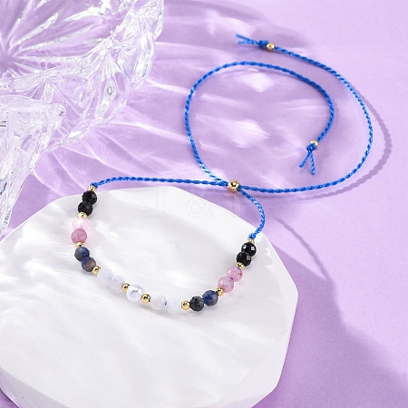Faceted Round Natural Black Agate & Sodalite & Rose Quartz & Quartz Crystal Braided Bead Bracelets BJEW-F493-09G-02-1