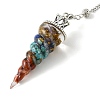 Resin Dowsing Pendulum Pendants with Natural & Synthetic Gemstone Chips inside and Iron Chain & Alloy Caps GG-CBAEAD2-01E-3