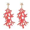Star with Coral Handmade Glass Seed Beads Tassel Stud Earrings EJEW-MZ00472-01-2
