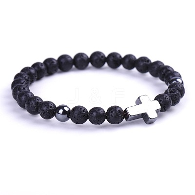 Natural Lava Rock & Synthetic Non-magnetic Hematite Beads Stretch Bracelets for Women Men BO6196-1-1