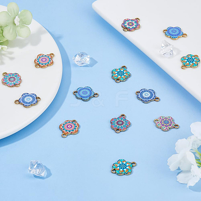 32Pcs 8 Colors Printed Alloy Enamel Connector Charms ENAM-DC0002-08-1
