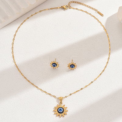Vintage 201 Stainless Steel & Plastic Sun with Evil Eye Stud Earrings & Pendant Necklaces Set for Women EW9229-1