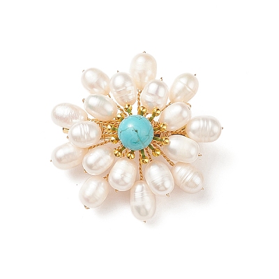 Synthetic Green Turquoise & Natural Pearl Braided Bead Flower Lapel Pin JEWB-TA00006-01-1
