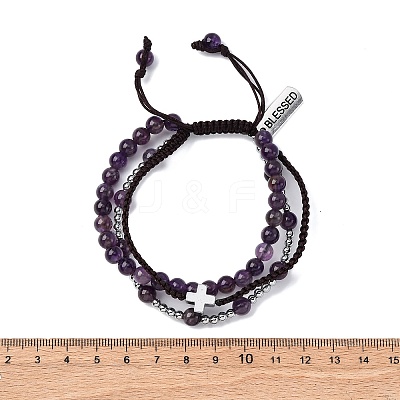 Adjustable Natural Amethyst & Hematite Braided Bead Bracelets BJEW-U035-01C-1