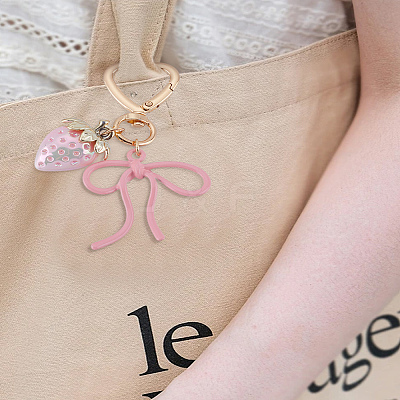 1Pc Bowknot & Strawberry Alloy Enamel with Plastic Pendant Keychain KEYC-LP0001-15-1
