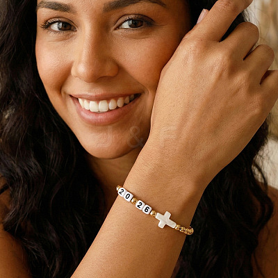 Adjustable New Year 2026 Brass Round Beaded Stretch Bracelets with Natural White Shell Cross OF5922-1