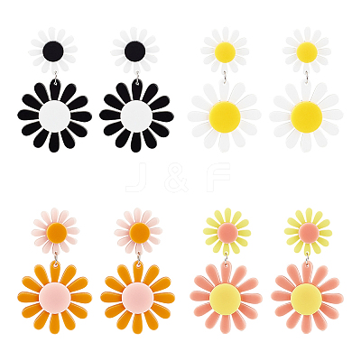 4 Pairs 4 Colors Acrylic Sunflower Dangle Stud Earrings EJEW-AN0002-99-1