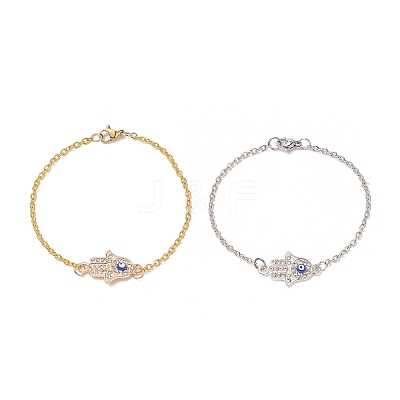 2Pcs 2 Color Crystal Rhinestone Hamsa Hand with Evil Eye Link Bracelet BJEW-JB09161-1