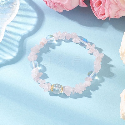 Natural Rose Quartz & Quartz Crystal & Dyed Synthetic Moonstone Beaded Stretch Bracelets for Women BJEW-JB12305-01-1