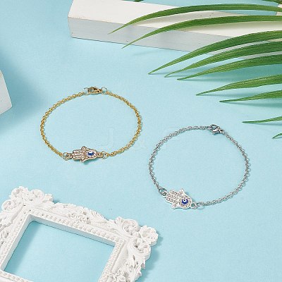 2Pcs 2 Color Crystal Rhinestone Hamsa Hand with Evil Eye Link Bracelet BJEW-JB09161-1