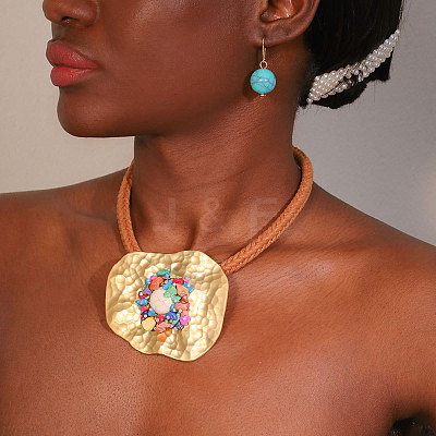 Irregular Flat Round Alloy & Synthetic Turquoise Chips Pendant Necklaces & Round Bead Dangle Earrings Sets FS-WGD0E4F-01-1