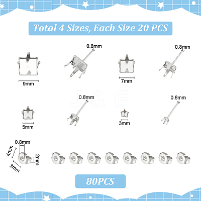 80Pcs 4 Style 304 Stainless Steel Square Stud Earring Settings STAS-UN0050-41-1
