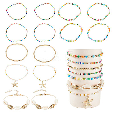 2 Bags Summer Beach Glass Seed Beaded & Natural Shell & Alloy Starfish Charm Anklet Sets AJEW-TA0003-69A-1
