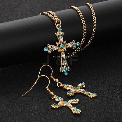 Cross Alloy Indicolite Rhinestone Pendant Necklaces & Dangle Earrings Sets FS-WGB8FD1-02-1