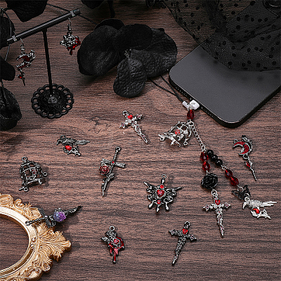 24Pcs 12 Styles Gothic Alloy Rhinestone/Acrylic/Enamel Pendants Sets FIND-SC0023-29-1