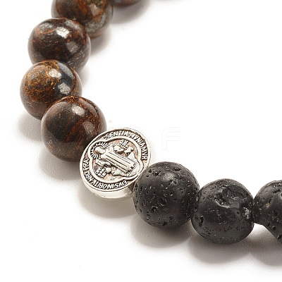 Natural Bronzite & Lava Rock Round Beads Stretch Bracelet BJEW-JB07457-1