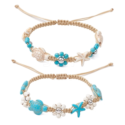 2Pcs 2 Colors Synthetic Turquoise & Magnesite Beads Braided Bracelets BJEW-TA00624-1