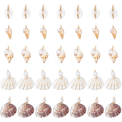 35Pcs 5 Styles Natural Mixed Shell Copper Wire Wrapped Pendants PALLOY-HS00027-1