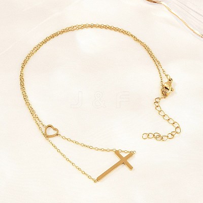 Religion 304 Stainless Steel Heart Cross Link Chain Necklaces NJEW-H093-03G-1