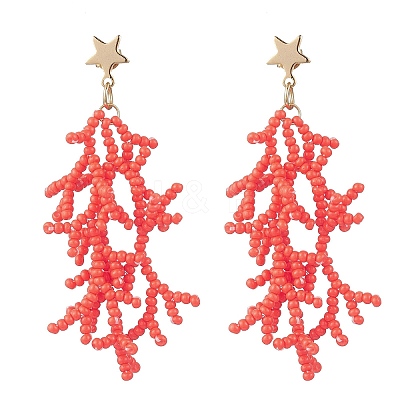 Star with Coral Handmade Glass Seed Beads Tassel Stud Earrings EJEW-MZ00472-01-1